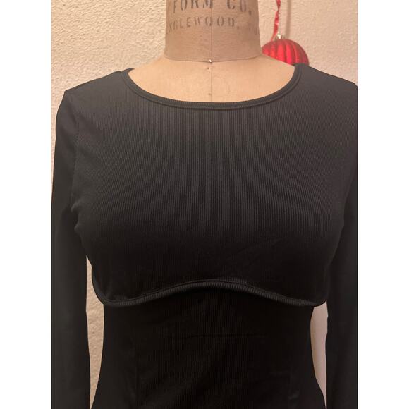 Solid Black Ribbed Contrast Long Sleeve Crewneck Bodysuit NWT Size L - Picture 2 of 7